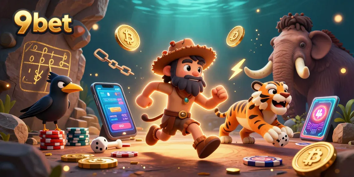 9bet showcases a dynamic casino scene with animated characters and cryptocurrency elements.
