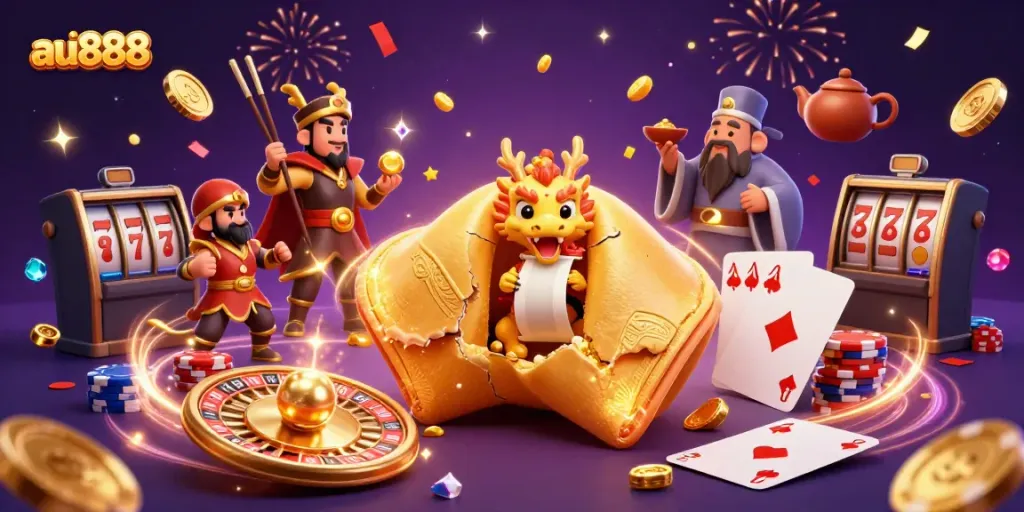 Engage with gaming excitement at au888, featuring fortune cookies and vibrant casino elements.