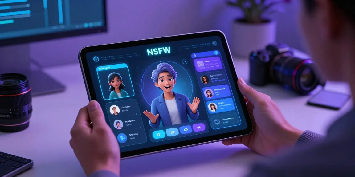 Engaging woman interacting with nsfw ai character on a futuristic tablet in a modern workspace.