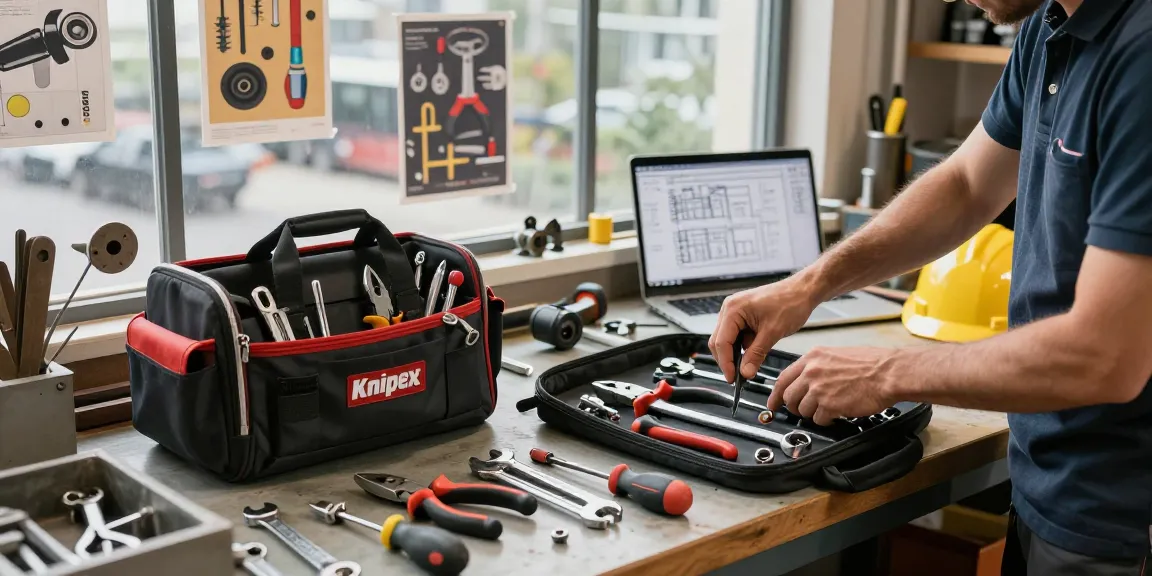 Knipex tool bag filled with essential tools in a vibrant workshop setting.