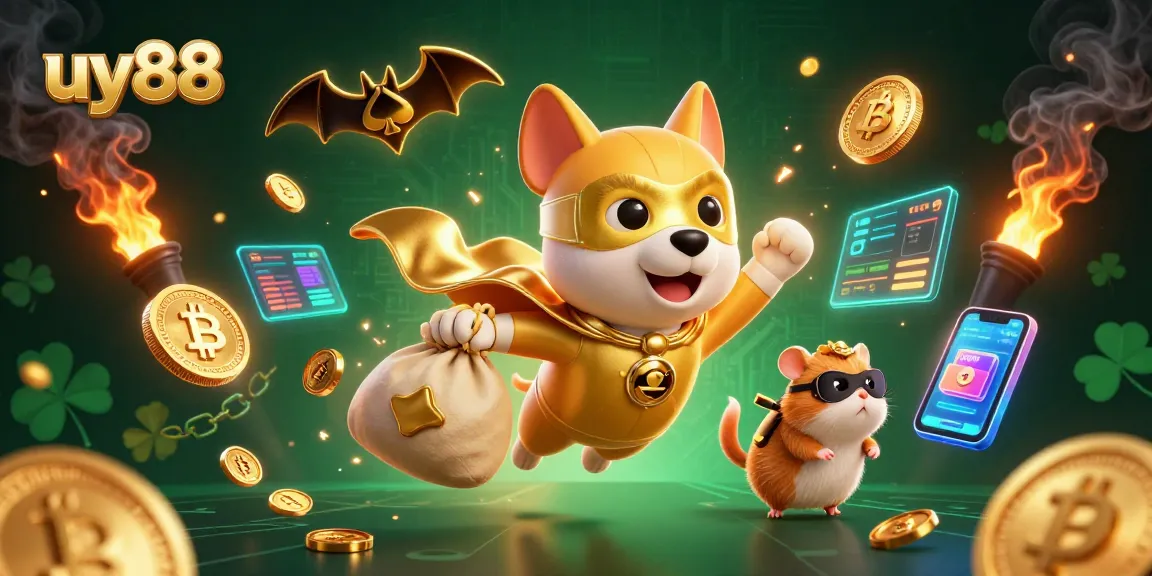 Experience thrilling wins at uy88 with a superhero dog and hamster bringing in gold coins in a vibrant casino illustration