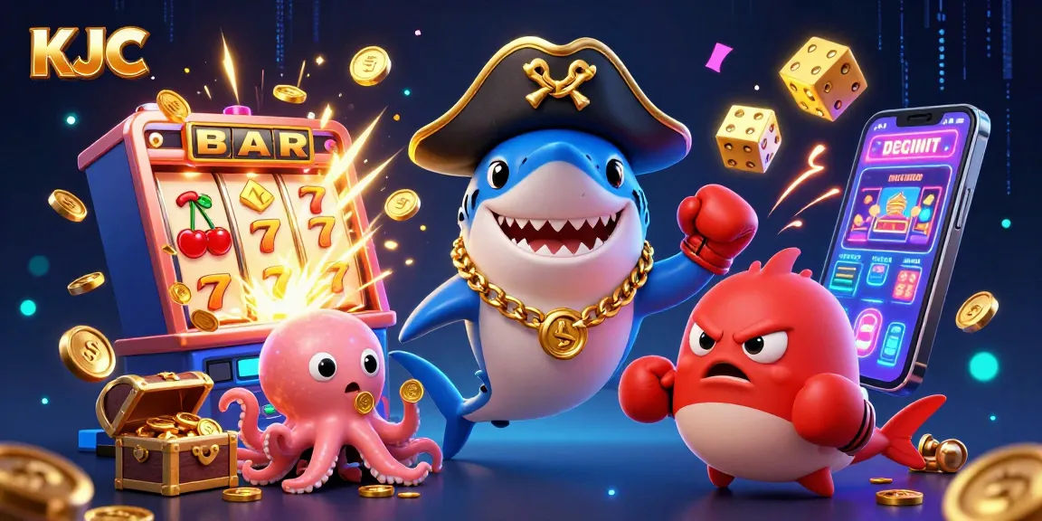 KJC engages players with vibrant casino games, showcasing a lively slot machine bursting with coins.
