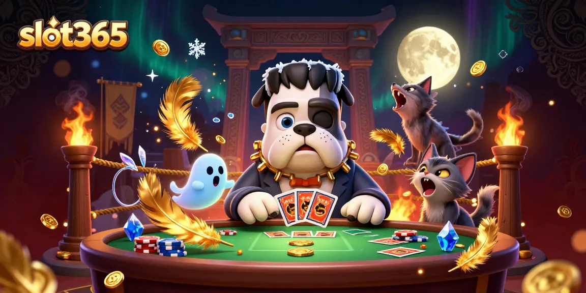 Engage in thrilling slot365 action with a cartoon bulldog dealing cards in a spooky casino scene.