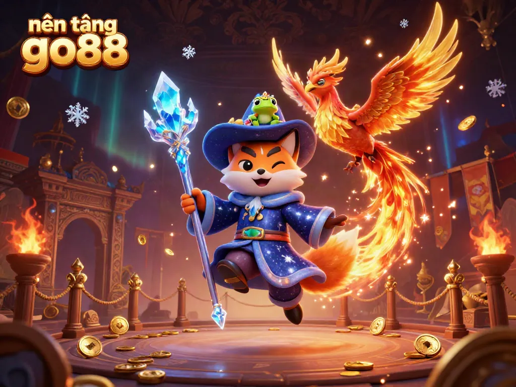 Experience the magic of nền tảng go88 with a wizard fox, phoenix, and a crown frog in an enchanting casino world.