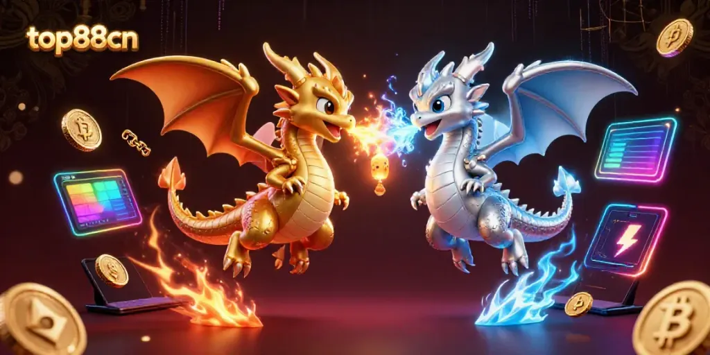 Engage with top88cn's vibrant gaming universe featuring dynamic 3D dragons amidst crypto elements.