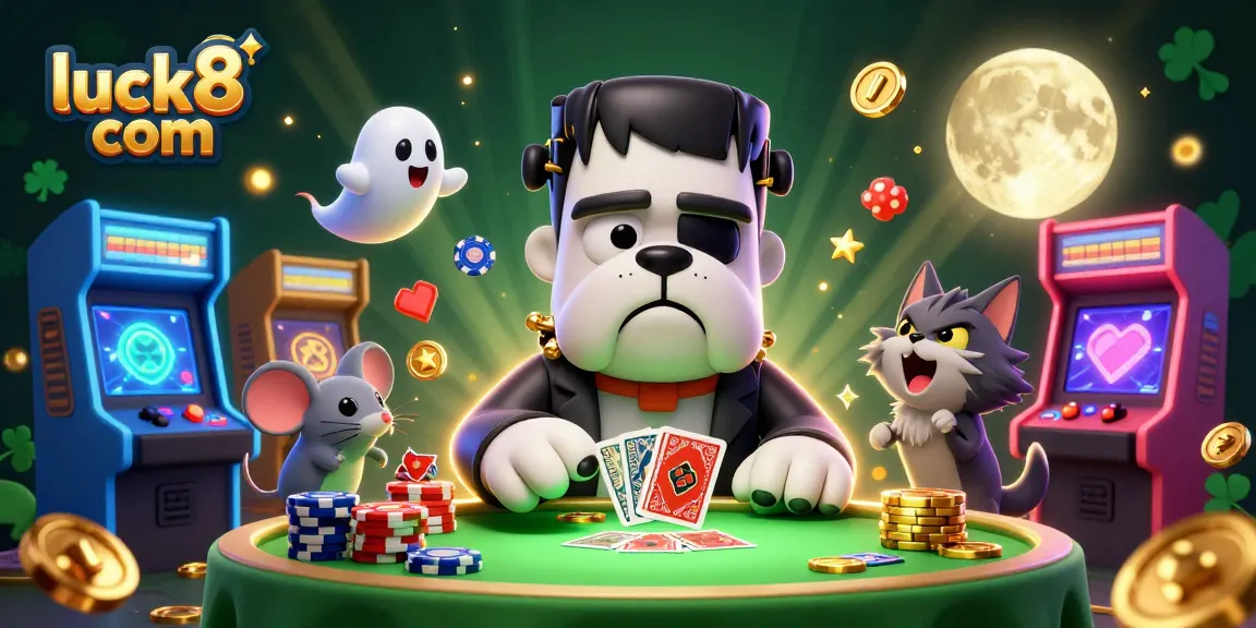Engage with luck8 com in a thrilling casino scene featuring a Frankenstein bulldog dealer and a werewolf kitten.
