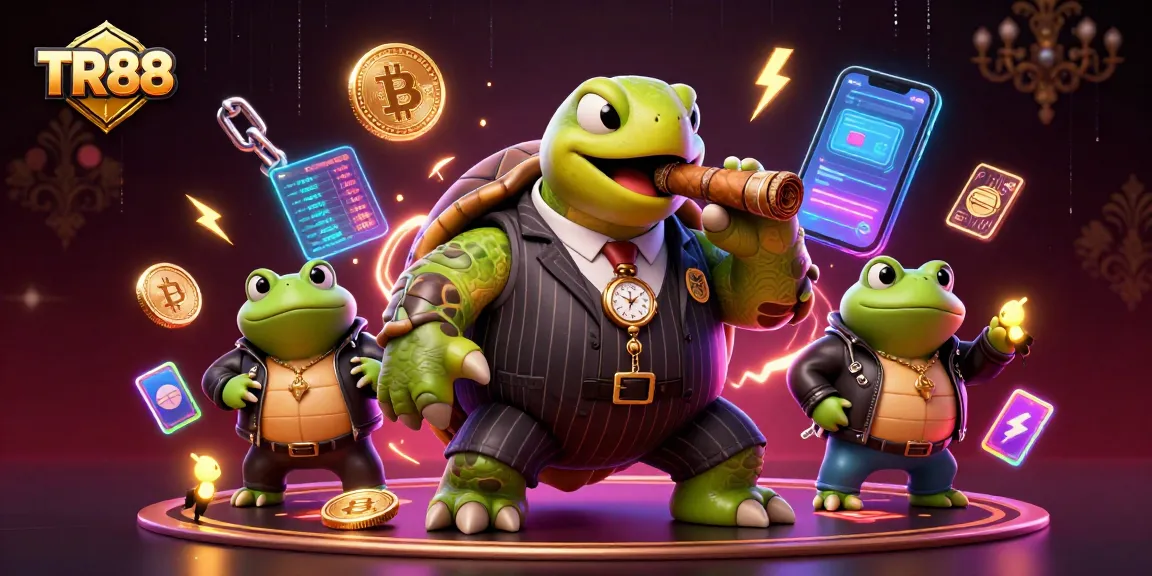 Experience TR88's dynamic casino scene with a cartoon turtle mobster and crypto elements.