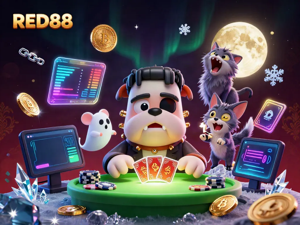 Experience the thrilling action at RED88 with a lively casino scene featuring vibrant characters and gaming elements.