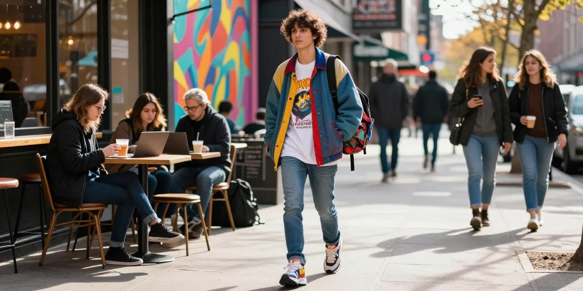 Stylish individual in vibrant streetwear walking in a busy city, showcasing rokok88 lifestyle fashion.