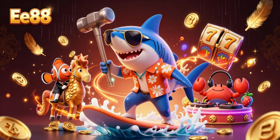 Experience the excitement of Ee88 with a 3D illustration showcasing lively casino elements and characters.