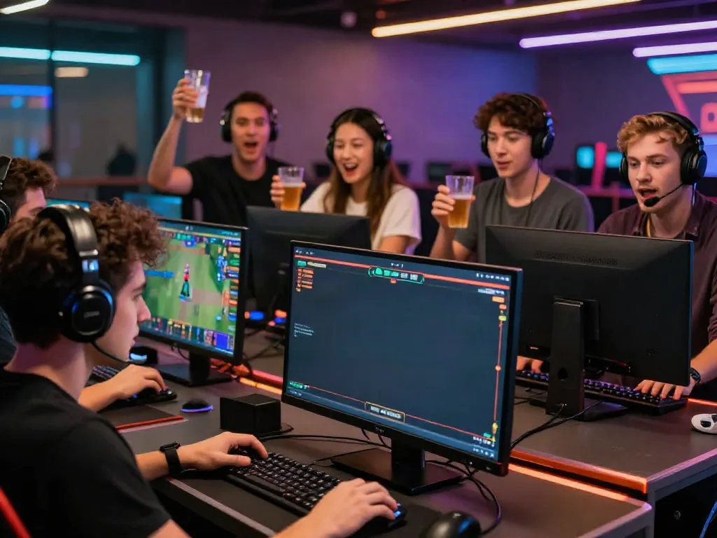 Engaging scene at http://tx88-onl.net/ showing friends enjoying live betting and esports in modern gaming lounge.