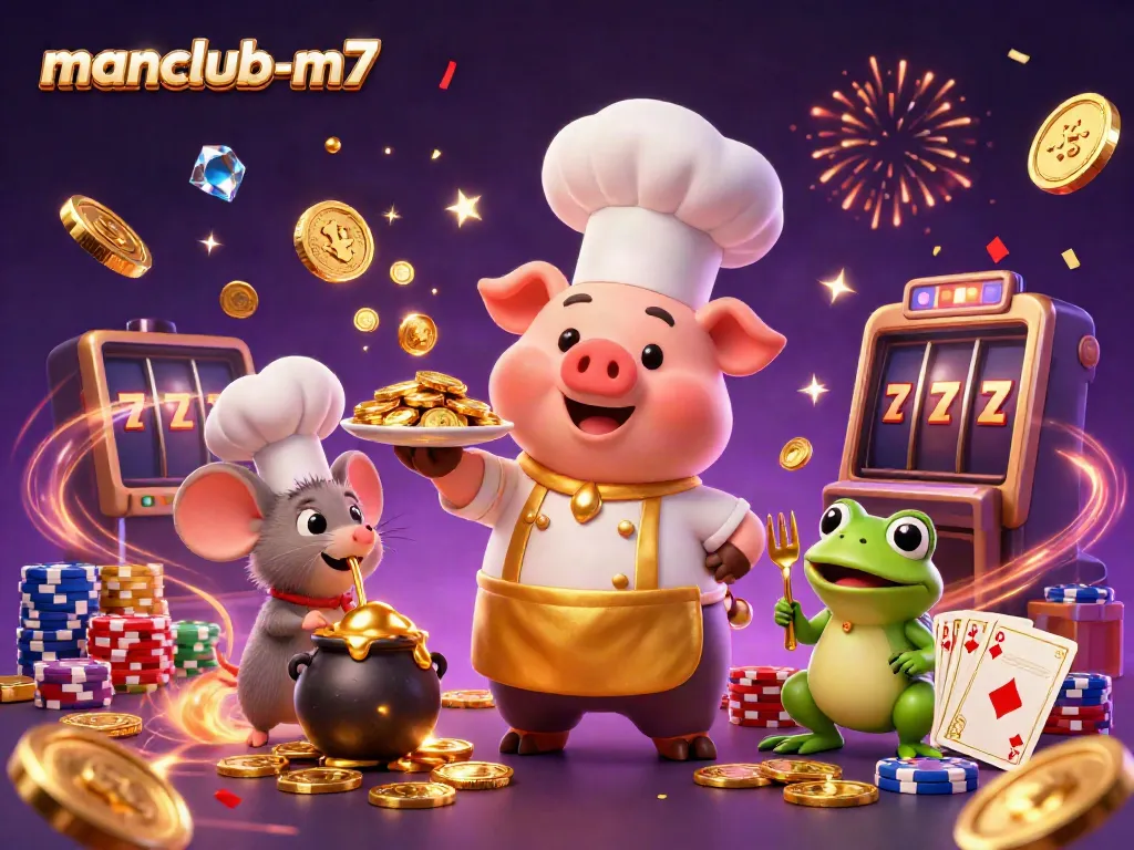 Experience thrilling wins with manclub-m7 featuring a chef pig, mouse, and frog in a dynamic casino scene.