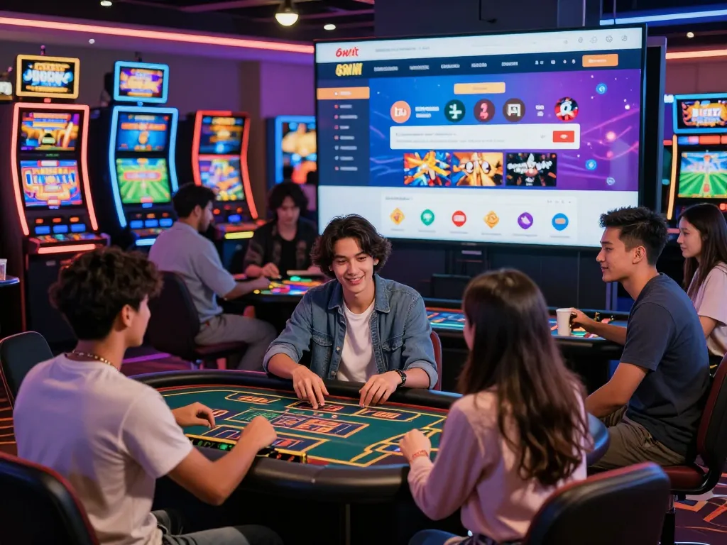 Diverse players engaged in online gaming at 68win, showcasing casino tables, gaming excitement, and vibrant digital design.
