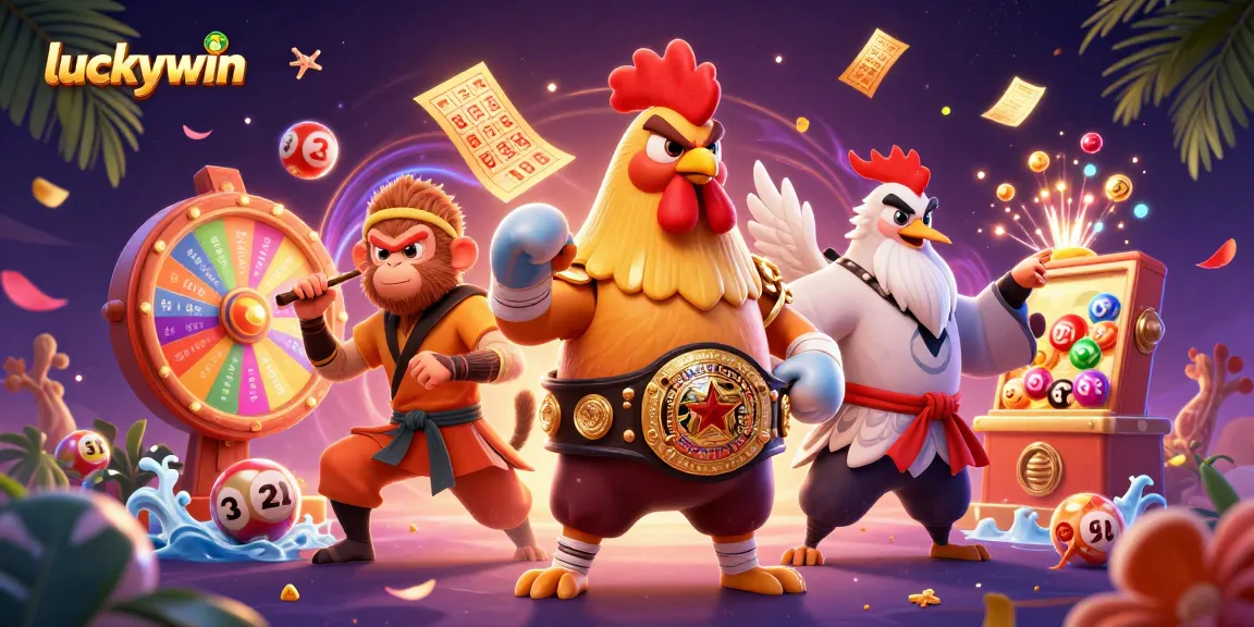 Experience excitement at luckywin with a vibrant 3D illustration of colorful game elements and dynamic characters.