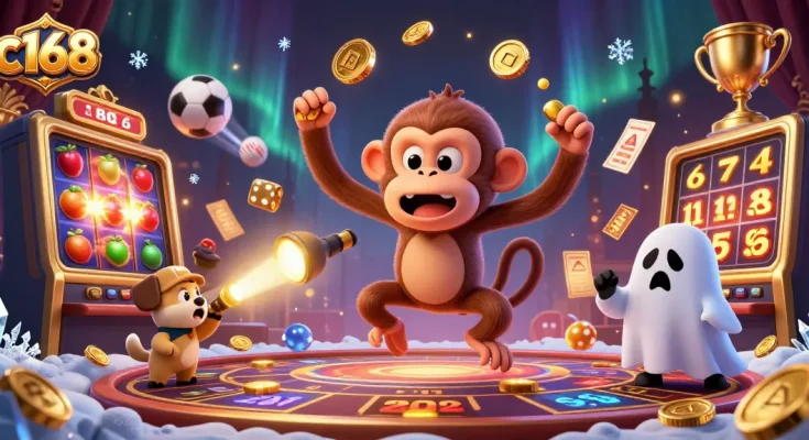 Experience exhilarating gameplay at c168 with captivating 3D imagery of a casino scene featuring lively characters and vibrant games.