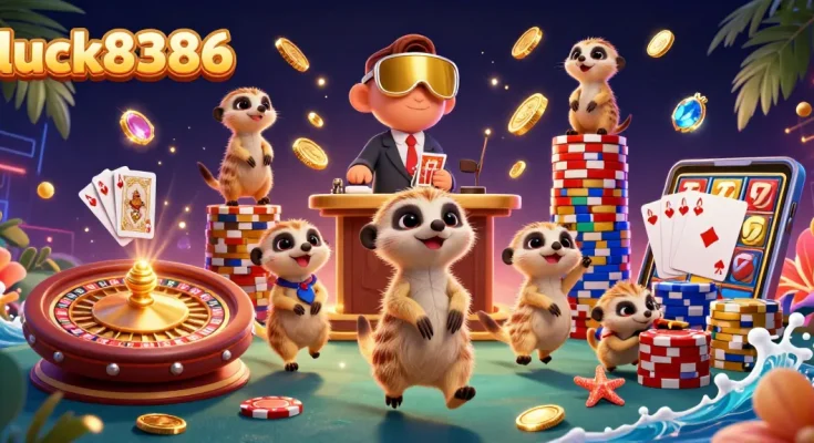 Experience excitement at luck8386 casino with meerkats managing games and vibrant visuals in a dynamic scene.