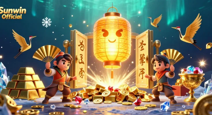 Experience immersive excitement with Sunwin Official's dynamic 3D casino scene, featuring vibrant characters and treasures.