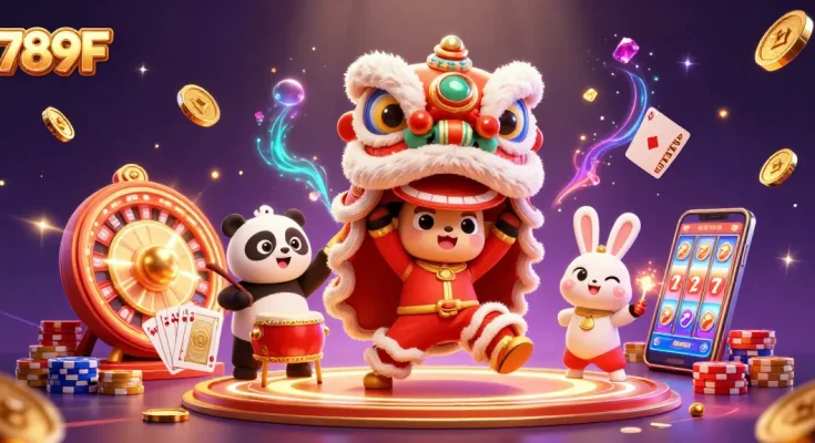 Experience thrill and excitement with 789F's dynamic casino scene featuring vibrant characters and gaming elements.