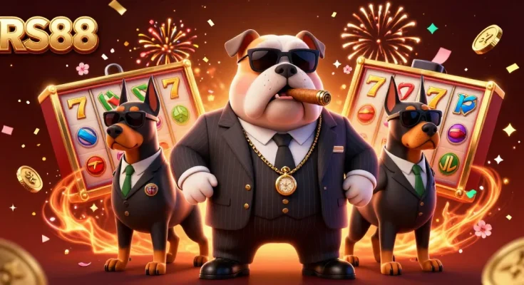 Experience the thrill of RS88 casino with an exciting illustration featuring a mafia bulldog and Doberman bodyguards.