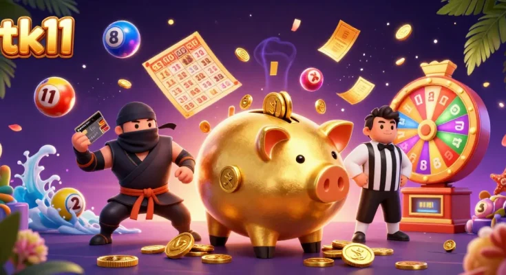 Engage with tk11's vibrant gaming scene, featuring a golden piggy bank wrestler amidst dynamic prize elements.