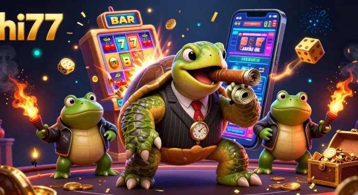 Experience gambling excitement with hi77, featuring a vibrant casino scene with a snapping turtle gangster and jackpot elements.