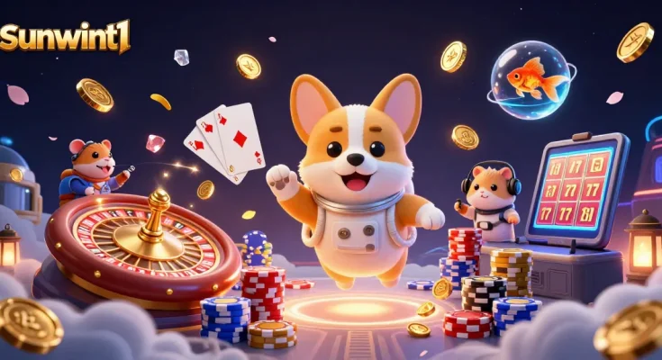 Experience thrilling games at sunwint1, where an astronaut corgi floats amidst casino delights.
