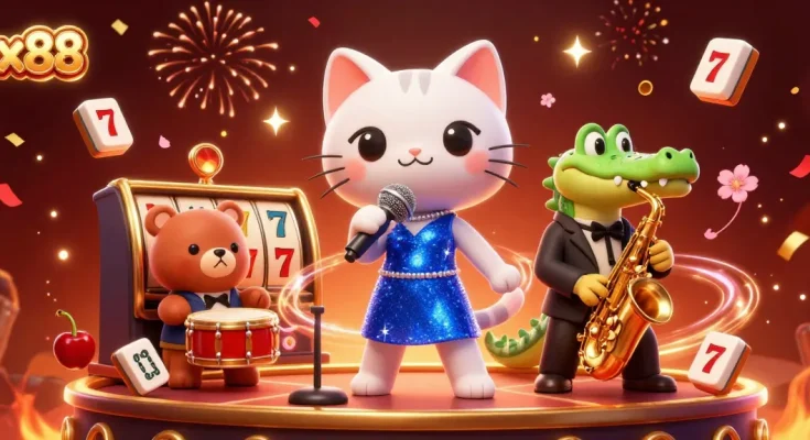 Experience the excitement of x88 with vibrant characters and festive casino elements in a lively atmosphere.