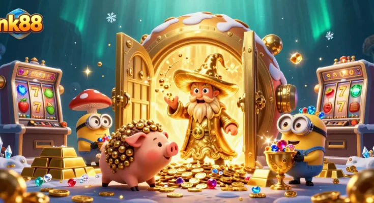 Experience the magic of nk88 with treasure and slots in a vibrant illustrated casino scene.