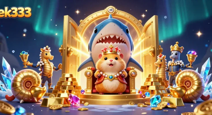 Win big with ek333 in a colorful 3D casino scene filled with treasures and animated characters.