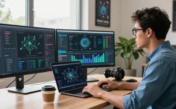 Web developer analyzing rokok88 server performance metrics in a modern office.