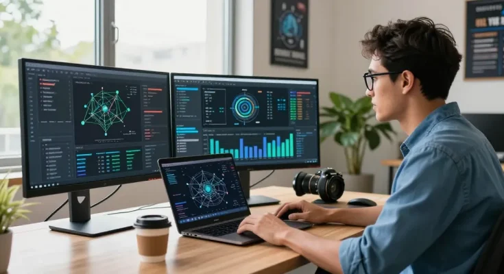 Web developer analyzing rokok88 server performance metrics in a modern office.