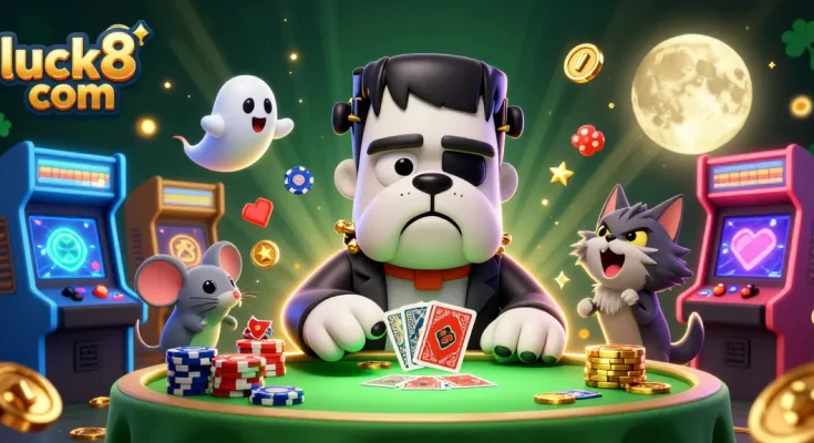 Engage with luck8 com in a thrilling casino scene featuring a Frankenstein bulldog dealer and a werewolf kitten.