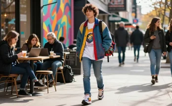 Stylish individual in vibrant streetwear walking in a busy city, showcasing rokok88 lifestyle fashion.