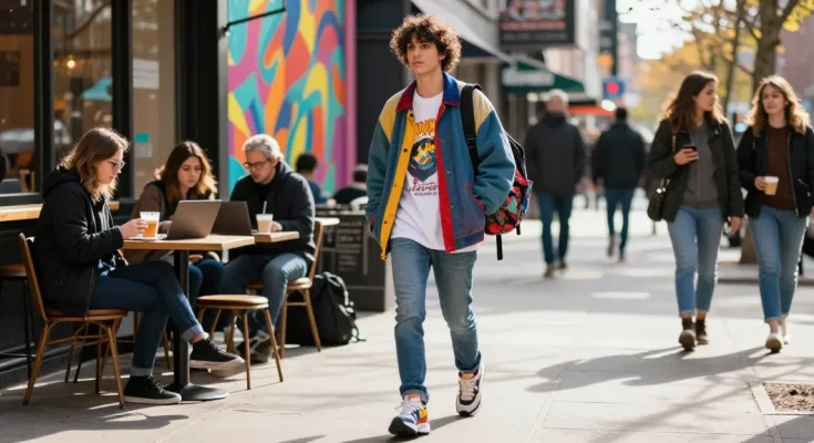 Stylish individual in vibrant streetwear walking in a busy city, showcasing rokok88 lifestyle fashion.