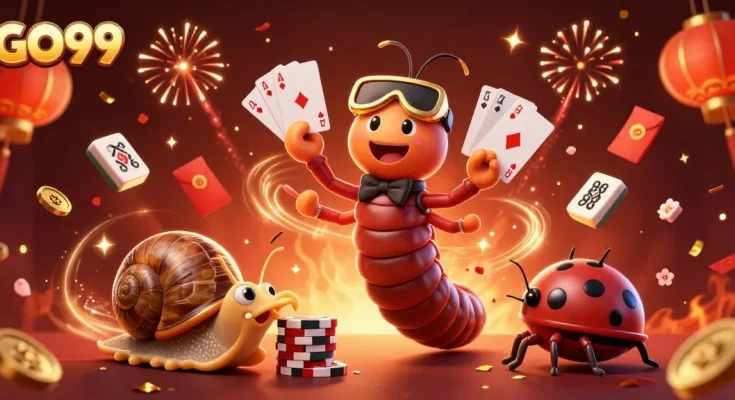Experience excitement at GO99 with a vibrant scene of cartoon casino characters in action.